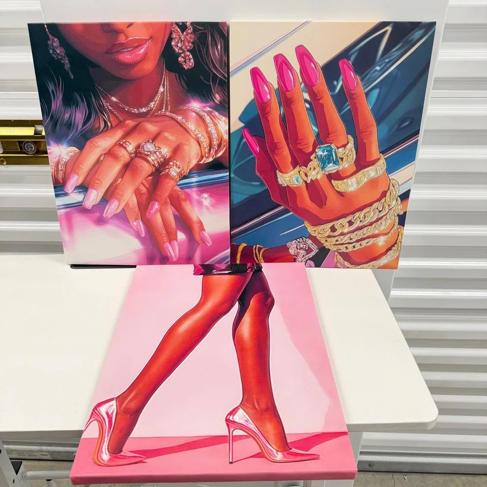 3 Piece Glam Canvas Wall Art Set Pink Luxury Fashion Jewelry High Heels Decor